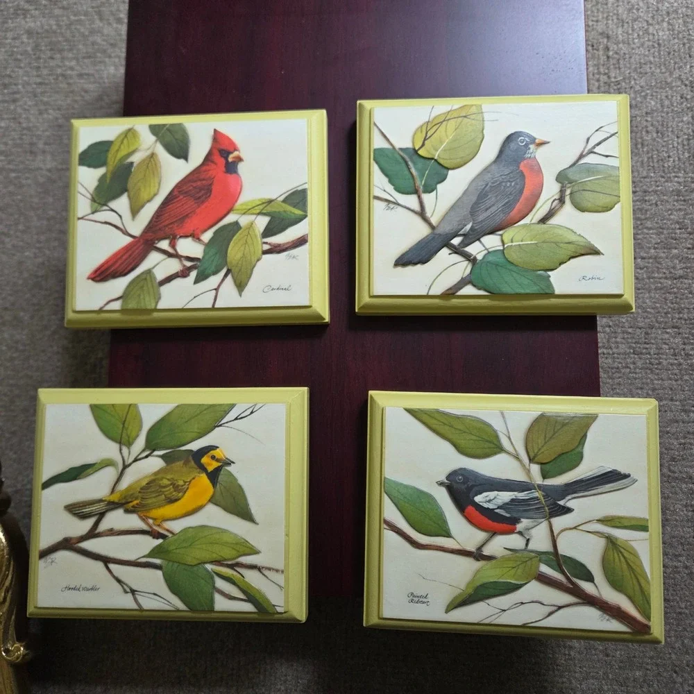 Vintage 1973‎ 3D Paper Tole Bird Wall Art Set 4 Wood Plaques Yellow Cottagecore
